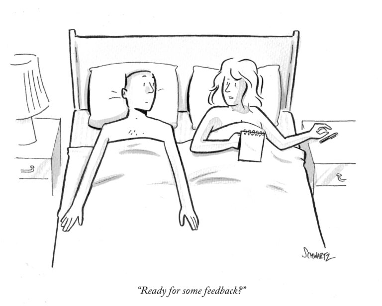cartoon of a couple in bed. The wife has a notebook and says